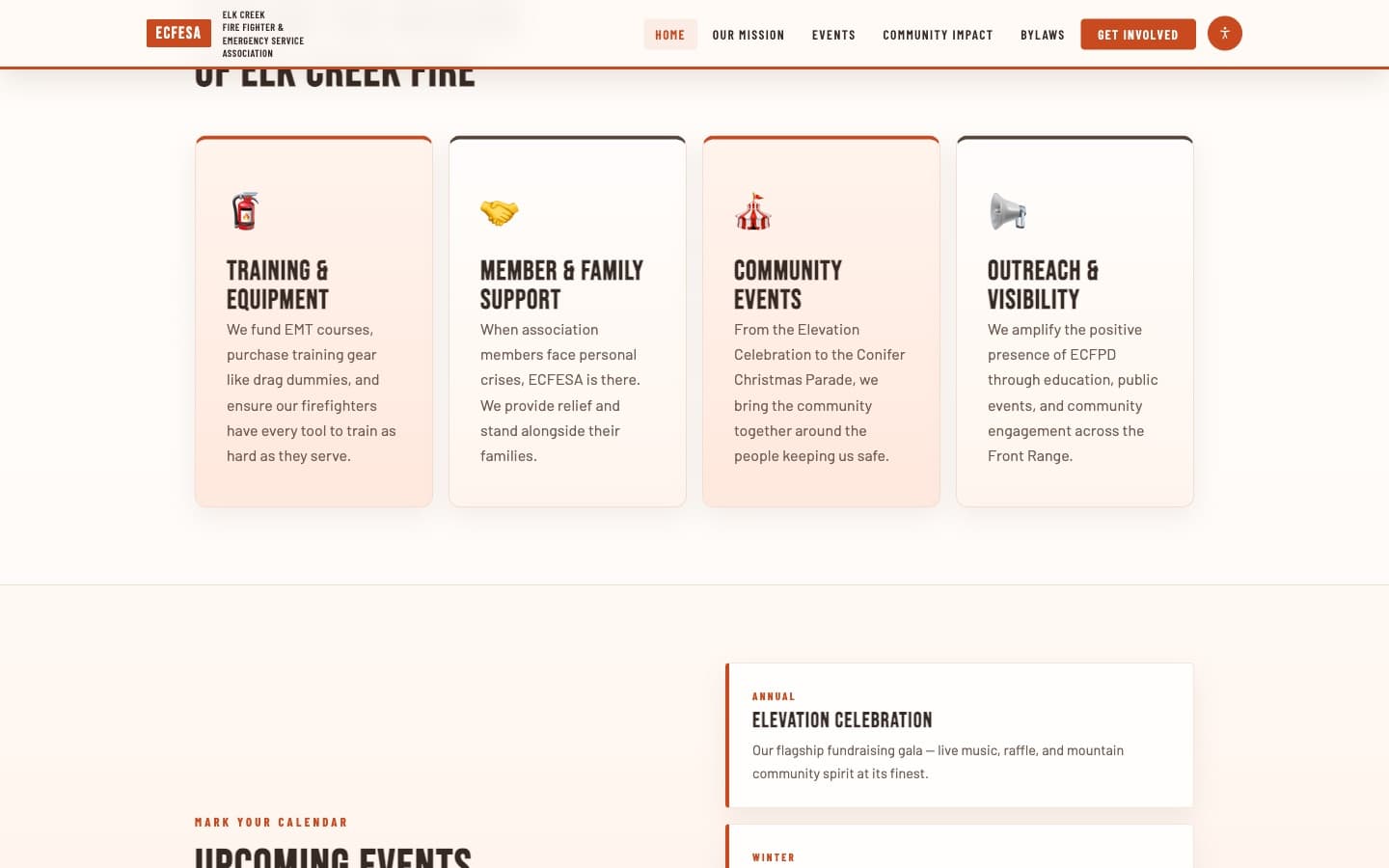 Mid-page section 'Fueling the Mission of Elk Creek Fire' showing four content cards: Training and Equipment, Member and Family Support, Community Events, Outreach and Visibility, in the warm orange palette.