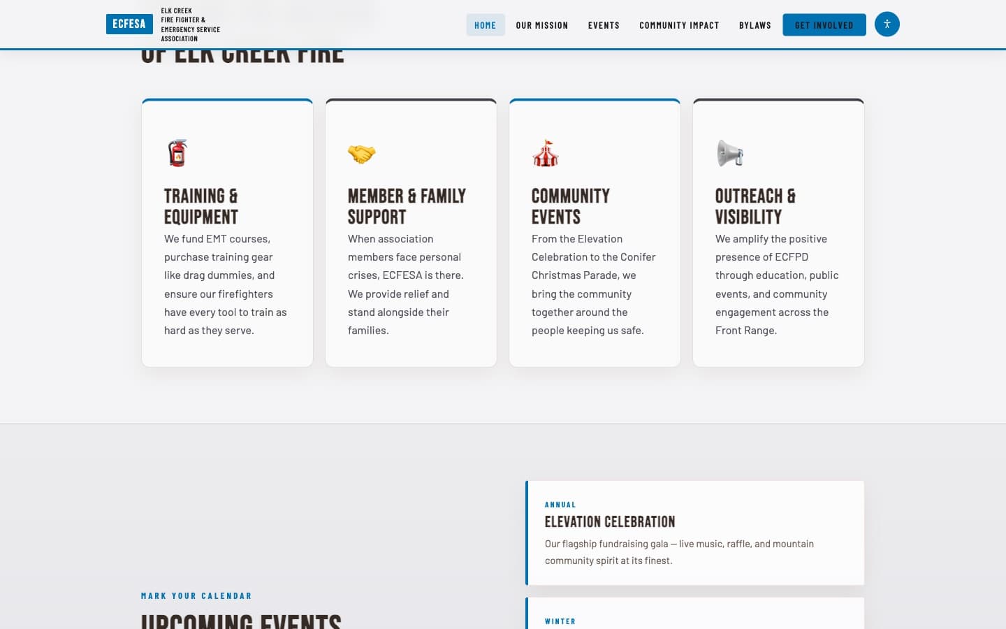 Same 'Fueling the Mission' cards section rendered in the colorblind-safe palette, with blue accent rails on the cards and neutral typography against a light background.