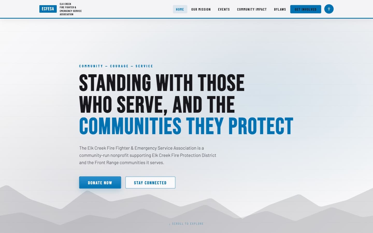 Same ECFESA.org home page rendered in the colorblind-safe palette: white background, navy and blue accents, and gray mountain layers replace the warm orange scheme.