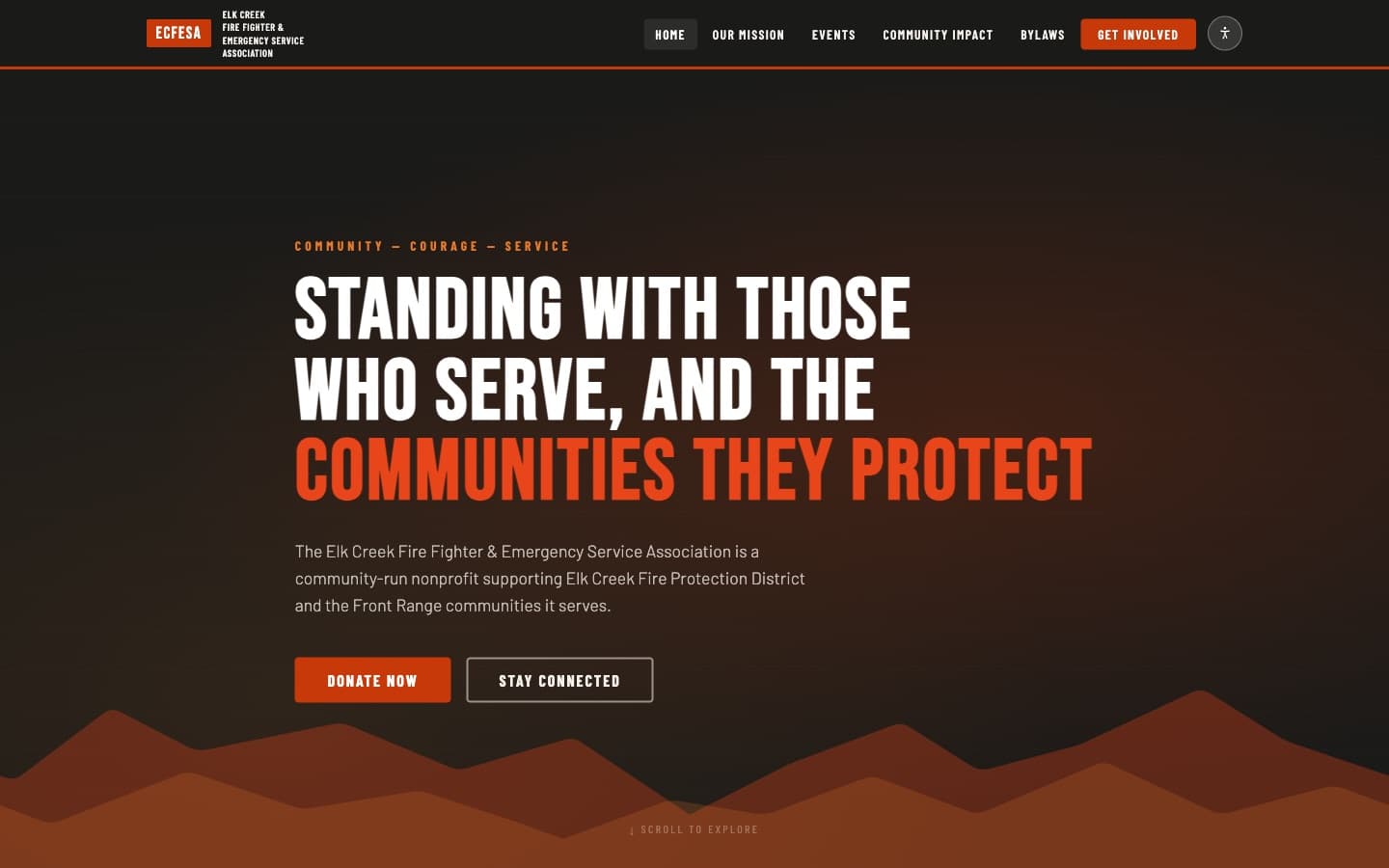 ECFESA.org home page in dark mode: dark background, warm orange accents on the hero text and call-to-action buttons, mountain layers in deep oranges.